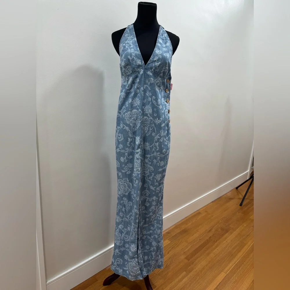 425. Free People Light Blue Floral Print Front-Slit And Open-Back Dress - Picture 3 of 7